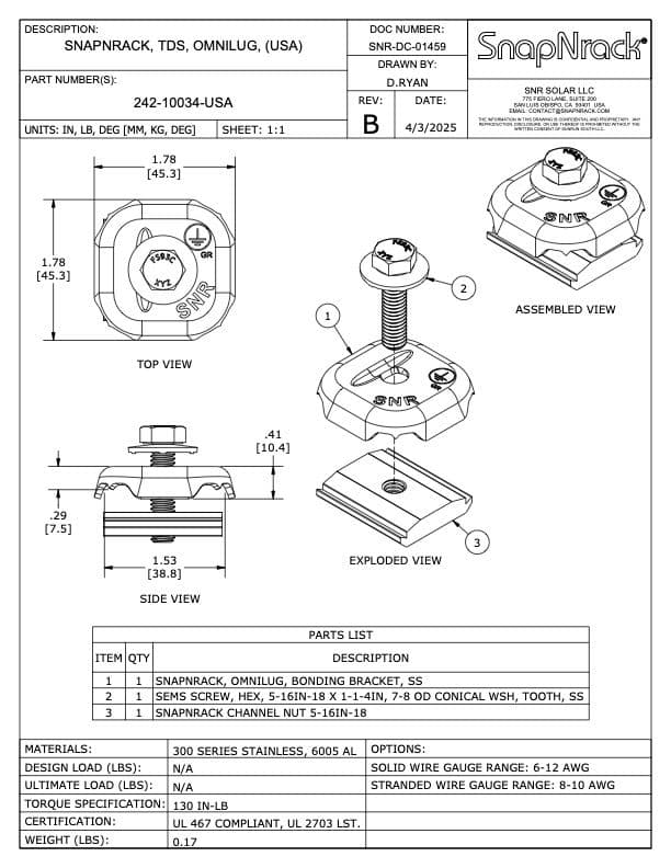 SnapNrack OmniLug Datasheet (USA)