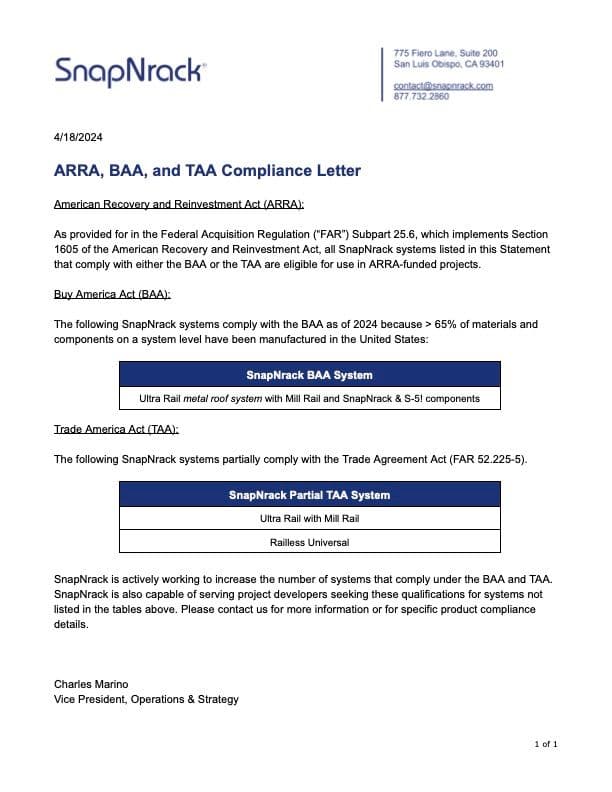 SnapNrack ARRA, BAA, and TAA Compliance Letter