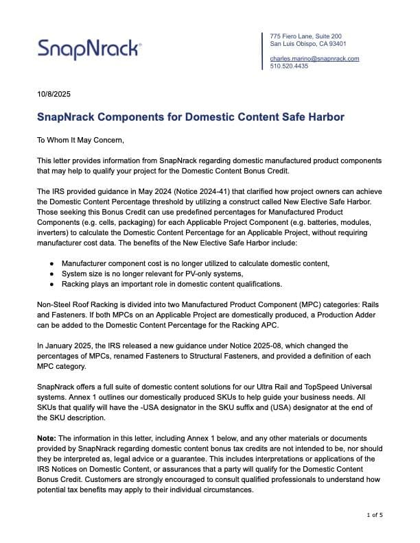 SnapNrack Components for Domestic Content Safe Harbor
