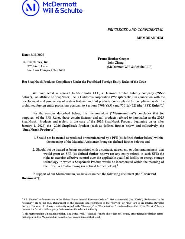 SnapNrack FEOC Opinion Letter