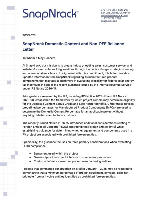 SnapNrack FEOC Reliance Letter
